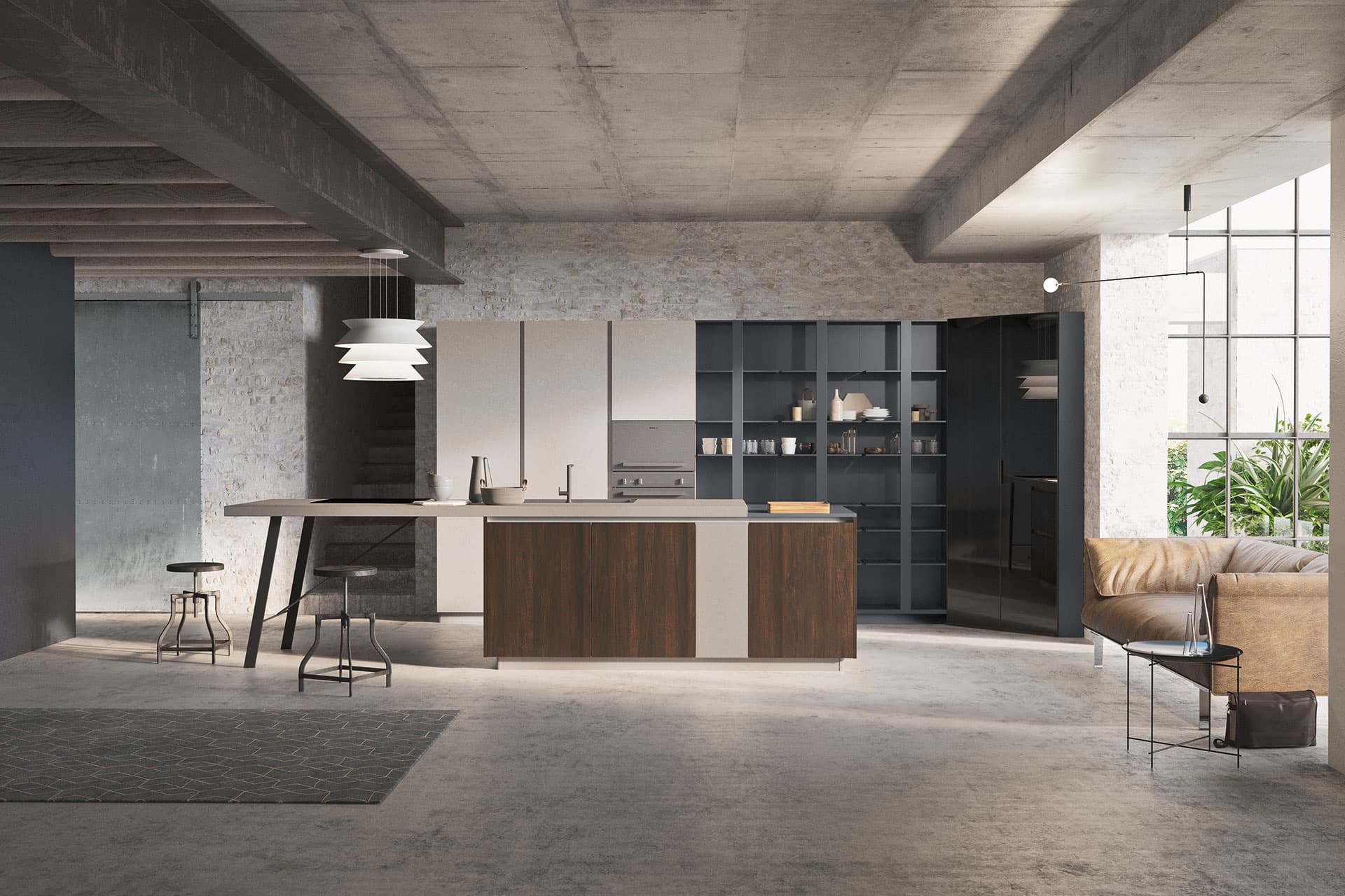 Cucina con isola in un loft: cemento a vista, legno scuro e grandi vetrate