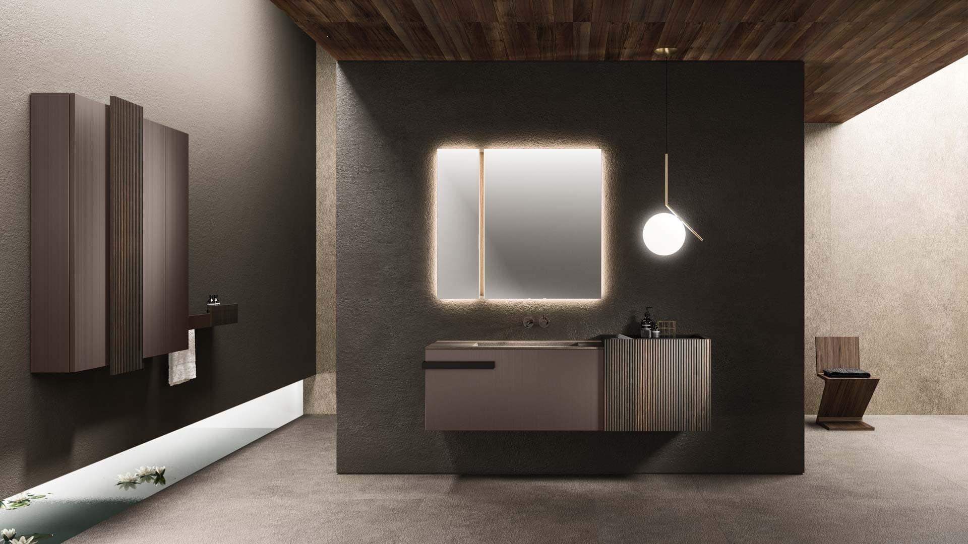 Mobile bagno sospeso con specchio retroilluminato su parete in microcemento